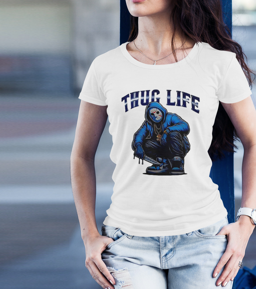 Thug Life Masked Man Sitting With Knife In Blue Hoodie And Sneakers T-Shirt