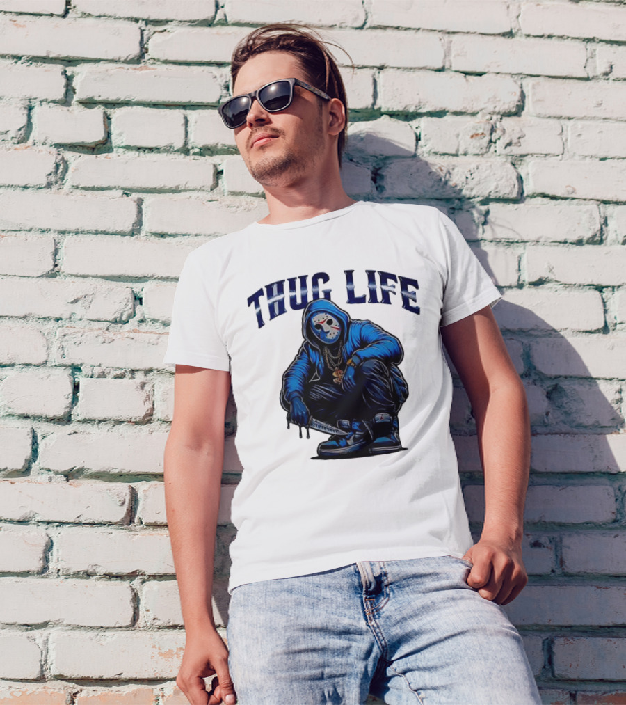 Thug Life Masked Man Sitting With Knife In Blue Hoodie And Sneakers T-Shirt