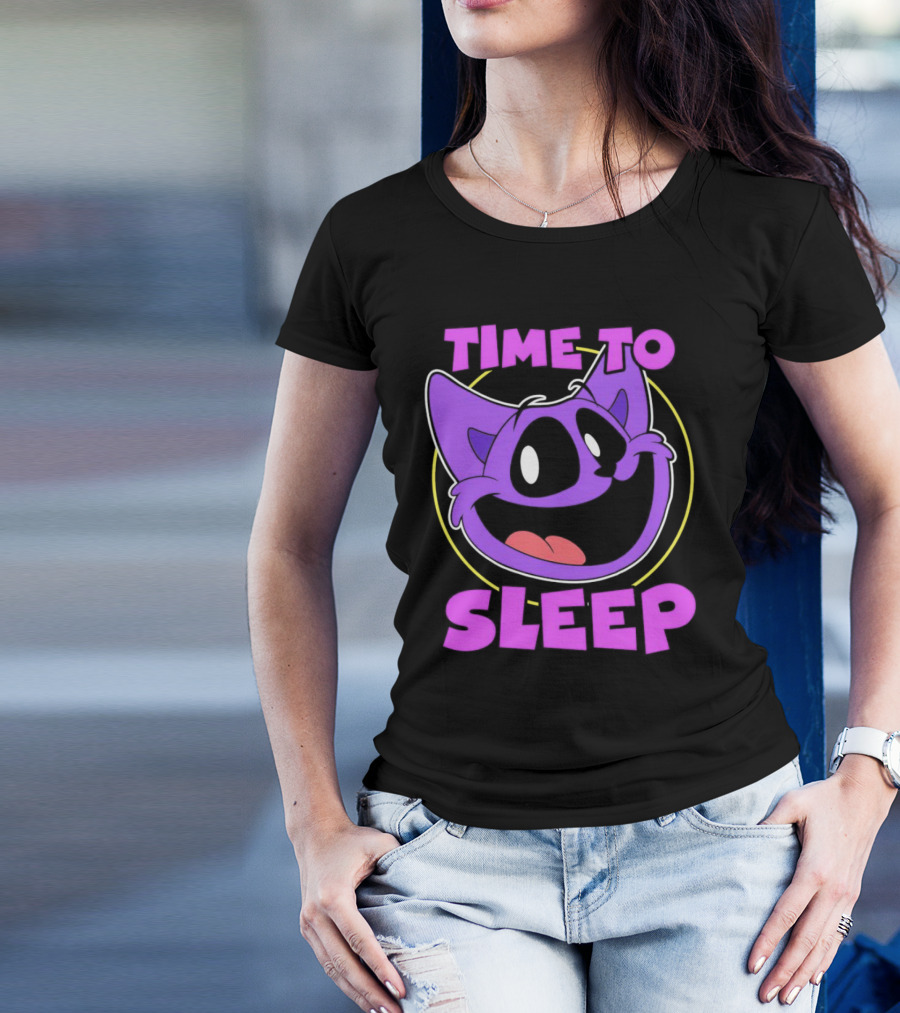 Time To Sleep Purple Cat Cartoon Face T-Shirt