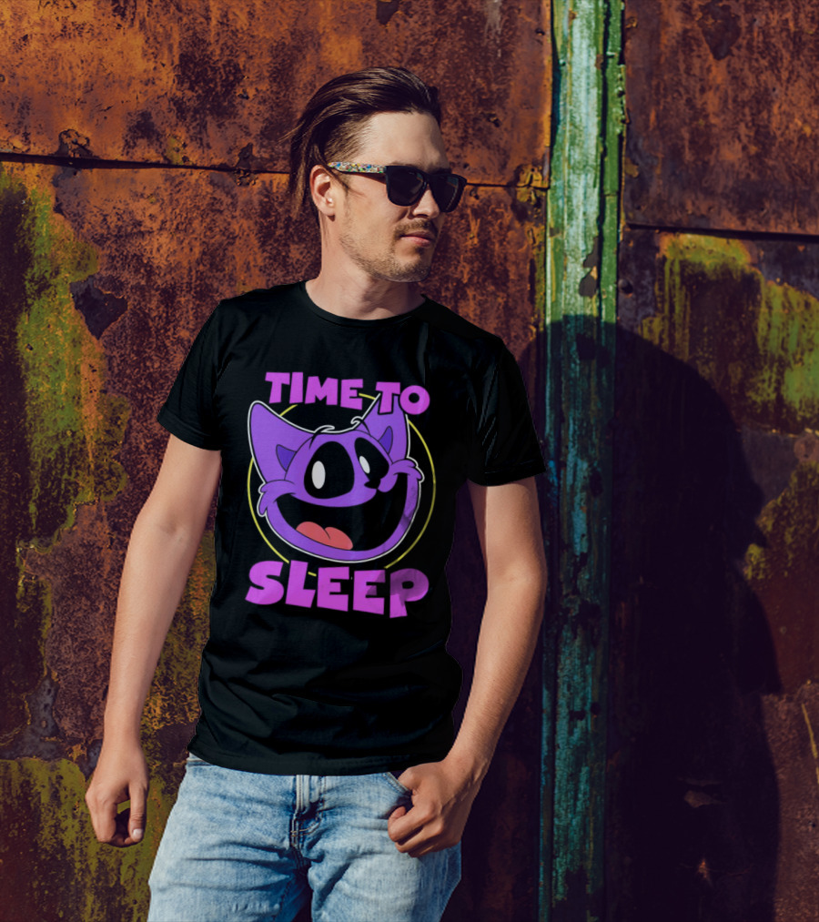 Time To Sleep Purple Cat Cartoon Face T-Shirt