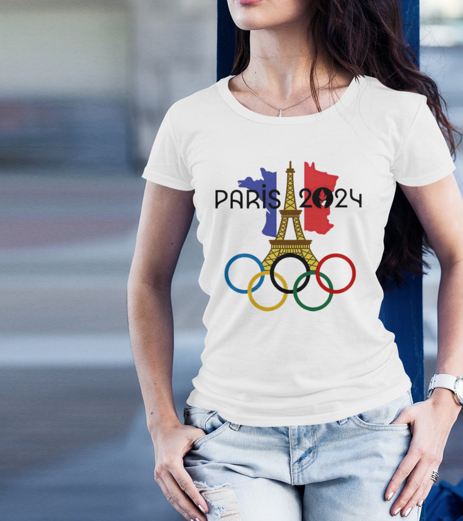 Paris 2024 Eiffel Tower France Flag Olympic Rings T-Shirt