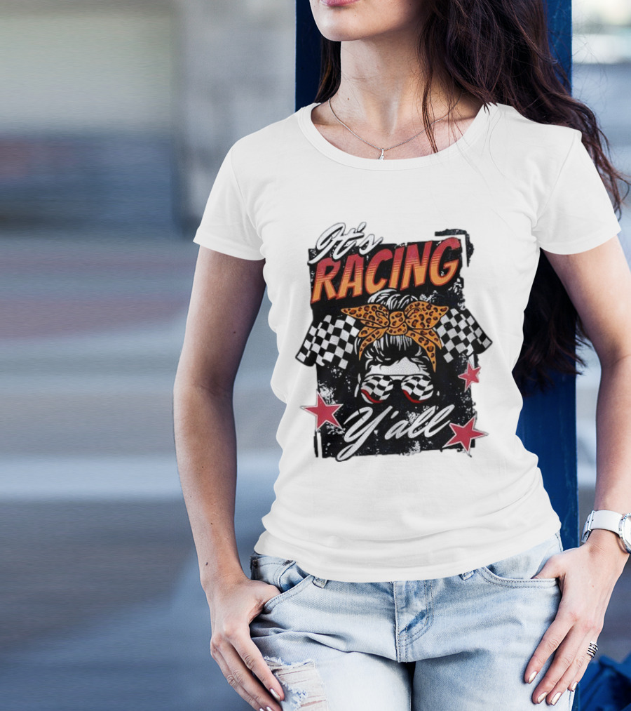 It's Racing Y'all Racing Girl Checkered Flag Leopard Print Bow T-Shirt