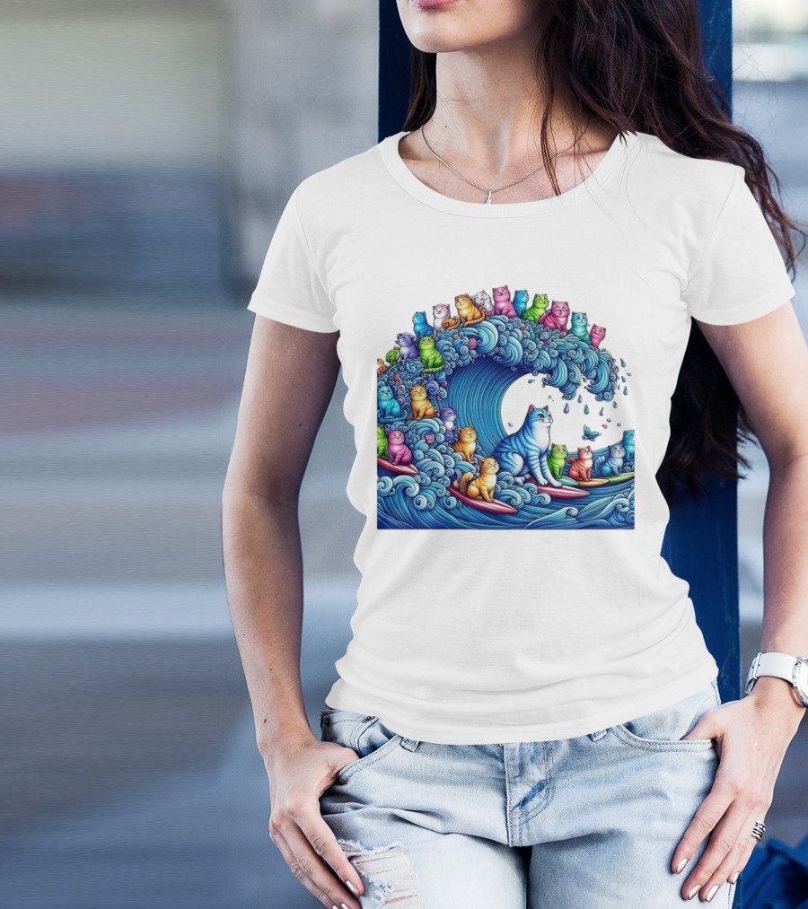 Cats Surfing In A Colorful Wave Bringing Joy T-Shirt