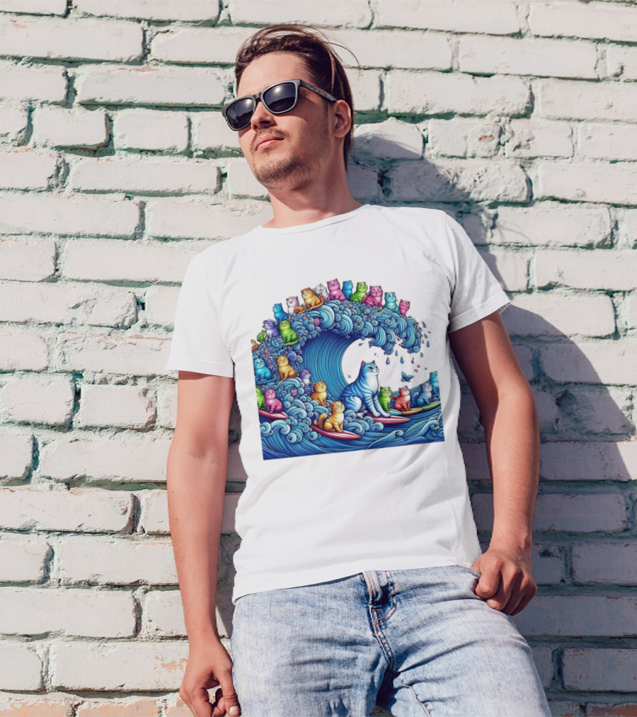 Cats Surfing In A Colorful Wave Bringing Joy T-Shirt