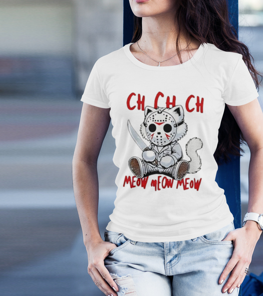 CH CH CH Meow Meow Meow Halloween Cat With Mask And Knife T-Shirt