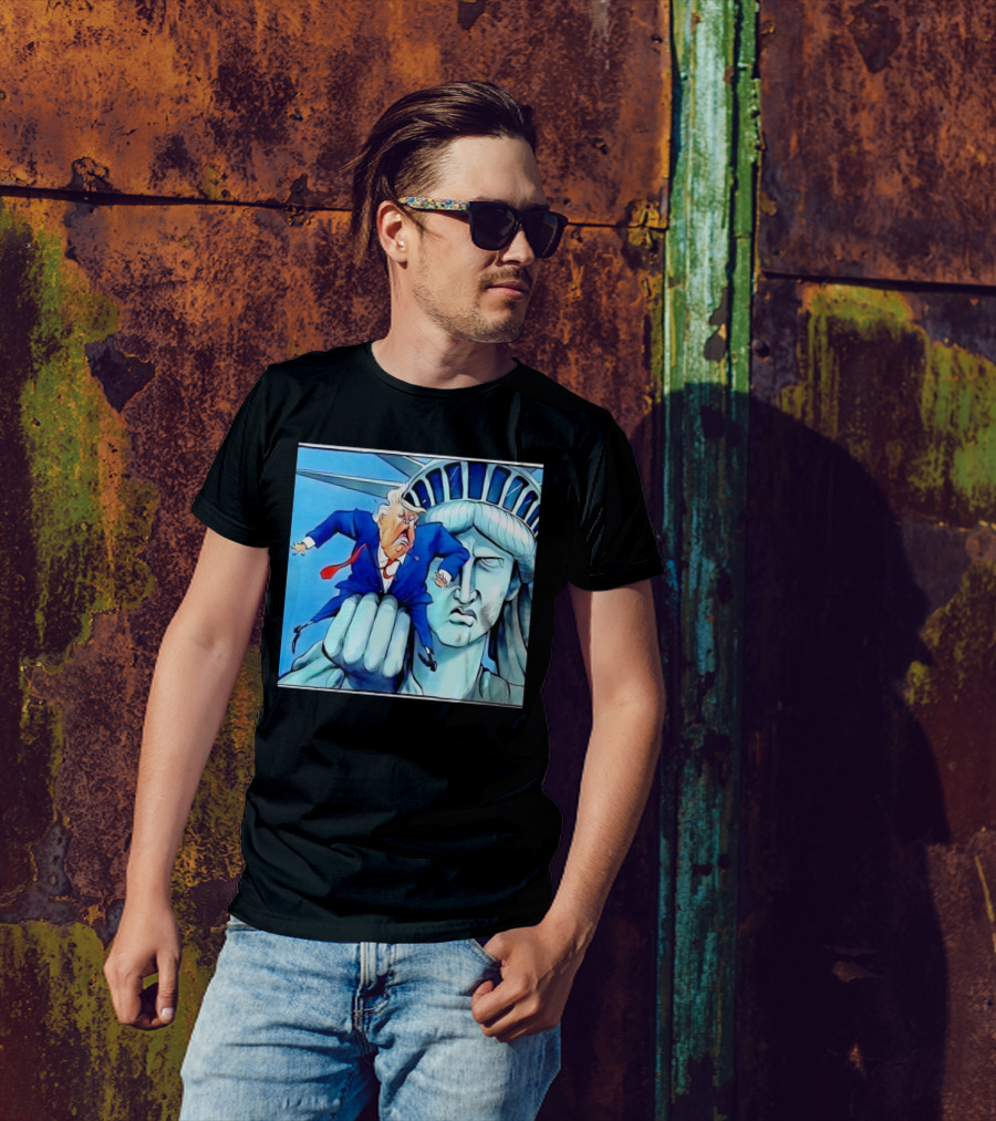 Statue Of Liberty Holds Trump In Cartoon T-Shirt