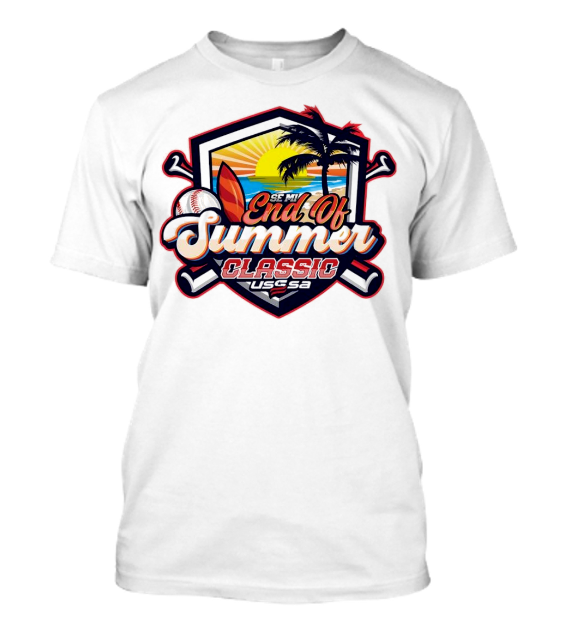 USSSA Michigan Baseball SE MI End Of Summer Classic 2024 Sunset Palm Trees Surfboard Baseball T-Shirt