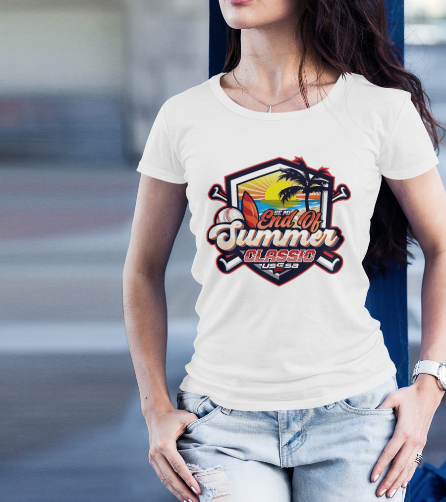 USSSA Michigan Baseball SE MI End Of Summer Classic 2024 Sunset Palm Trees Surfboard Baseball T-Shirt