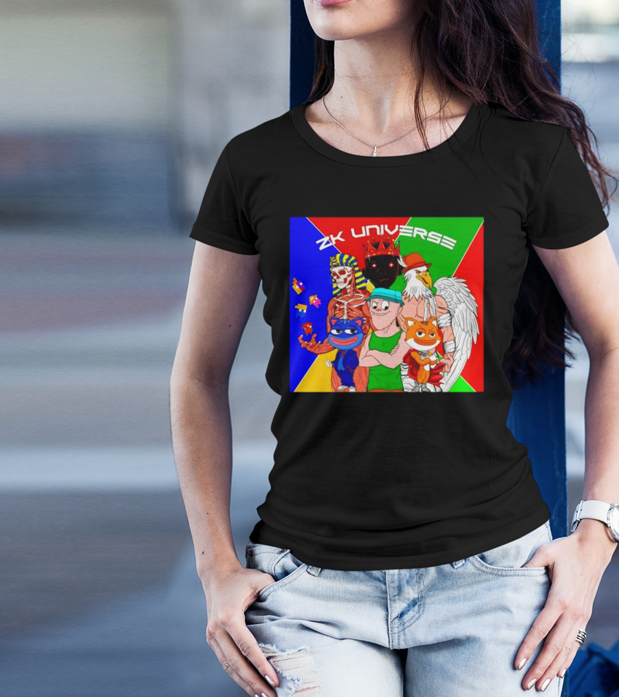 ZK Universe Colorful Characters With Pharaoh Skeleton, Crowned Figure, And Winged Eagle T-Shirt