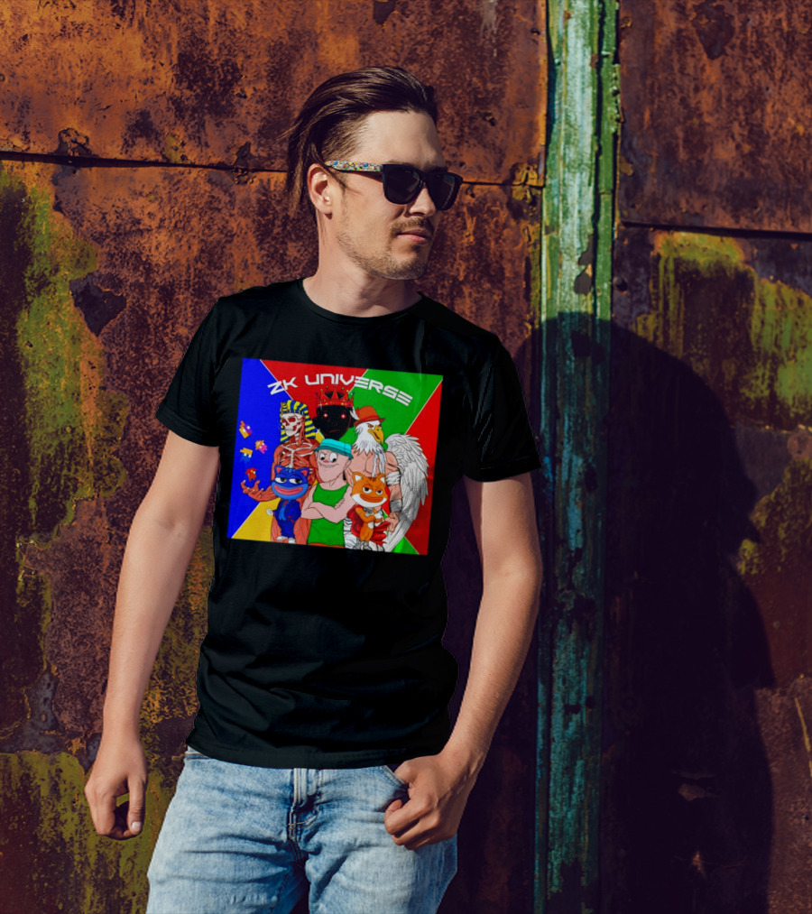 ZK Universe Colorful Characters With Pharaoh Skeleton, Crowned Figure, And Winged Eagle T-Shirt