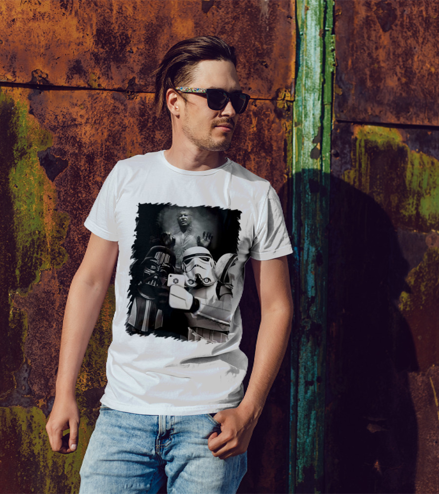 Star Wars Darth Vader And Stormtrooper Taking Selfie With Han Solo Frozen In Carbonite T-Shirt