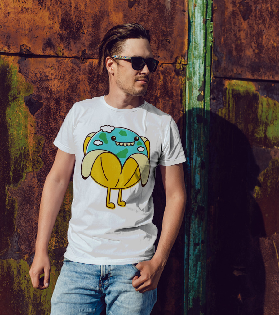 The World Has Gone Bananas Earth In A Peel With Clouds And Smiley Face T-Shirt