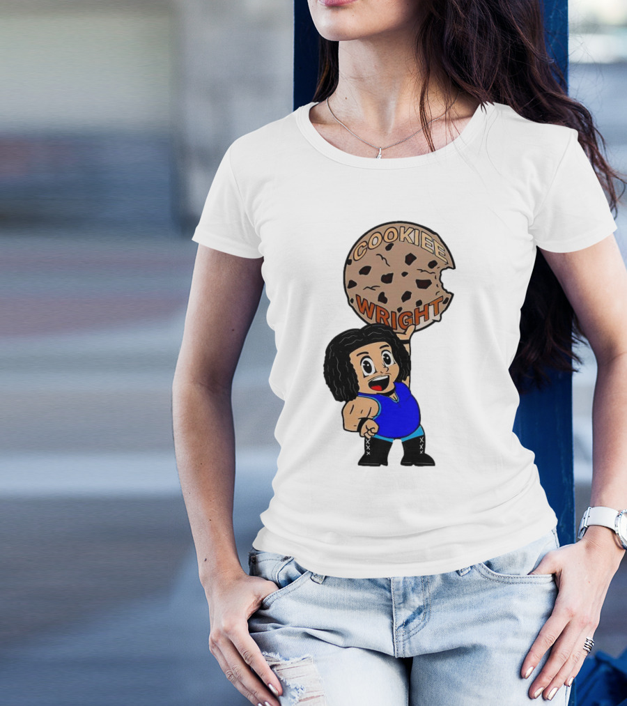 COOKIEE WRIGHT Cartoon Character Holding Chocolate Chip Cookie T-Shirt