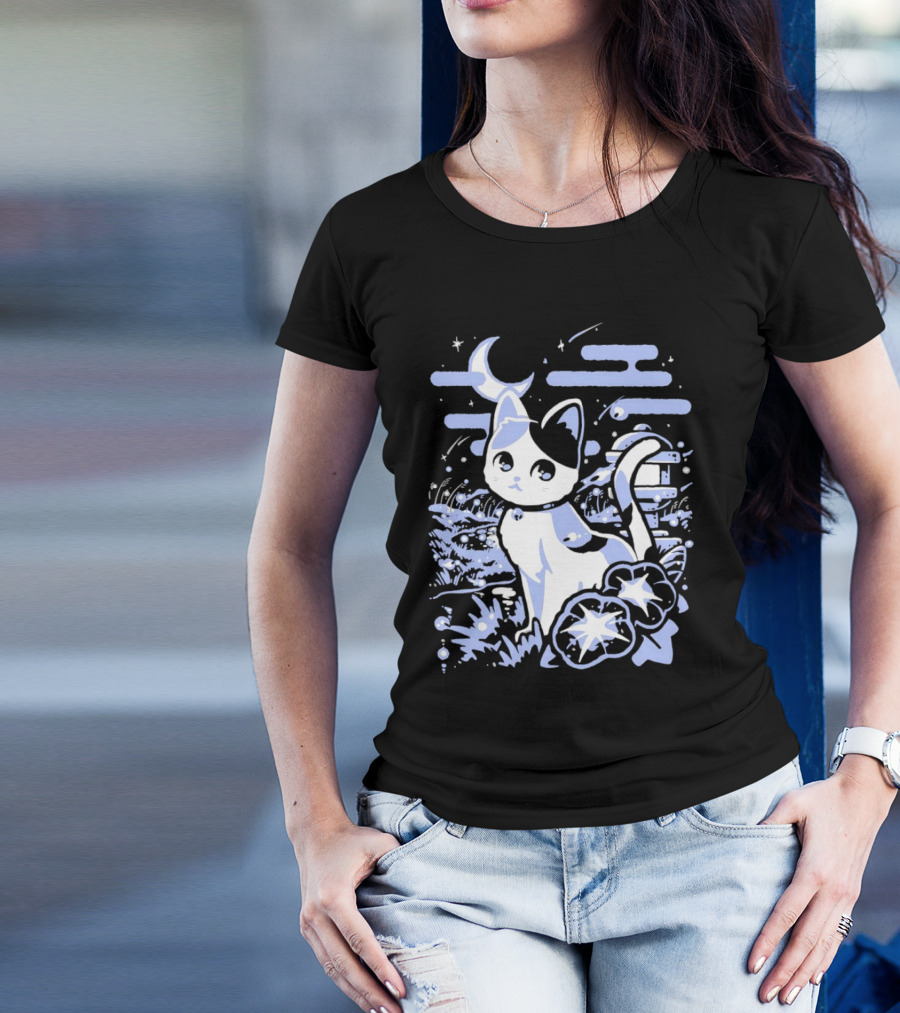 A Cat Amidst Moonlit Fireflies And Stars T-Shirt
