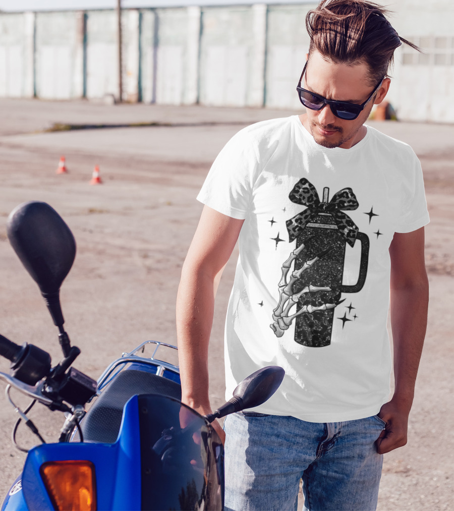 Black Skeleton Hand Coffee Cup With Bow Halloween T-Shirt
