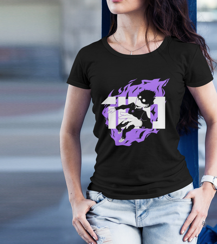 Mob Psycho 100 Psyched Out Character With Purple Aura And Bold Typography T-Shirt