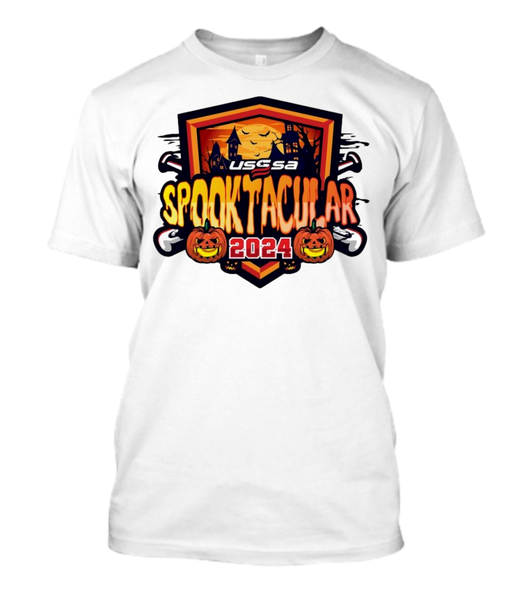 USSSA Texas Fast Pitch Spooktacular 2024 Halloween Pumpkins Haunted House Bats T-Shirt