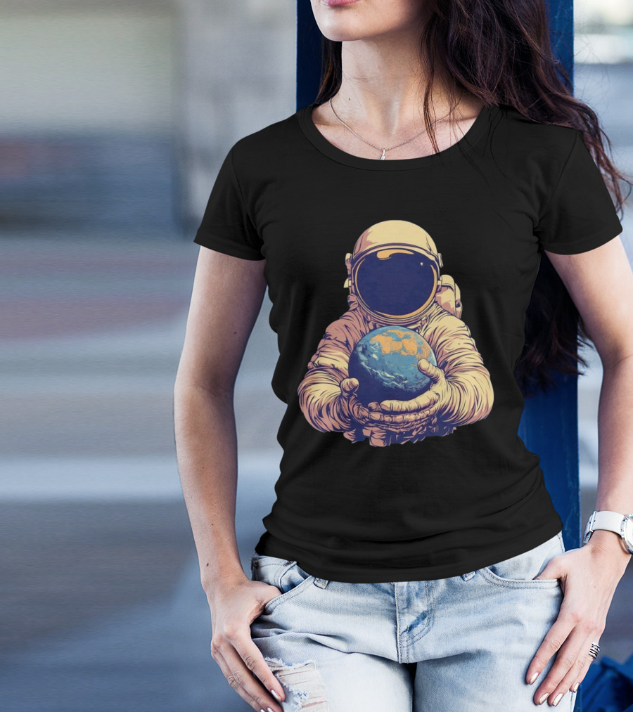 Astronaut Embracing Planet Earth Cosmic Guardians Of Home T-Shirt