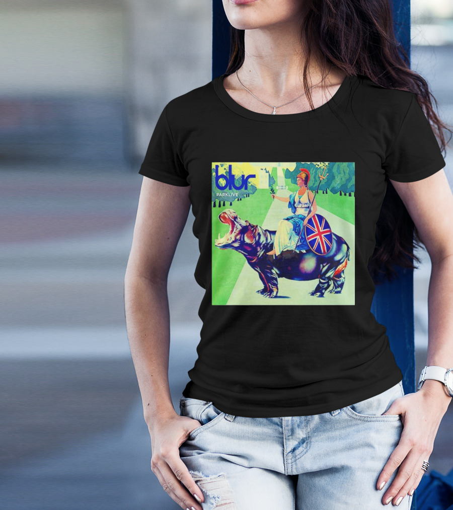 Blur Parklive Woman On Hippopotamus With Union Jack Shield T-Shirt