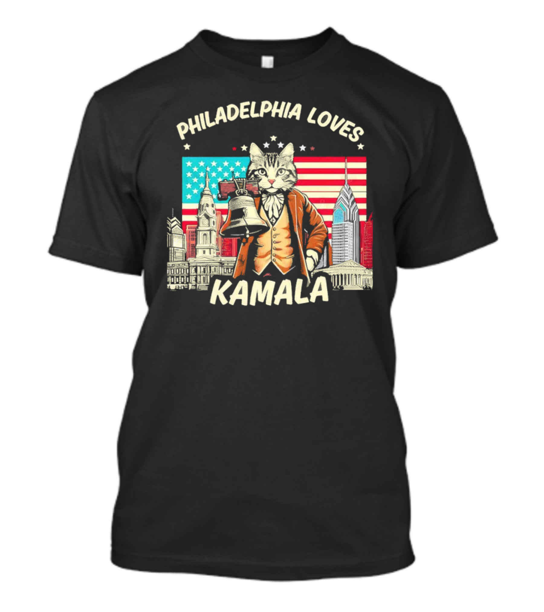 Philadelphia Loves Kamala Cat In Patriotic Cityscape With Liberty Bell T-Shirt