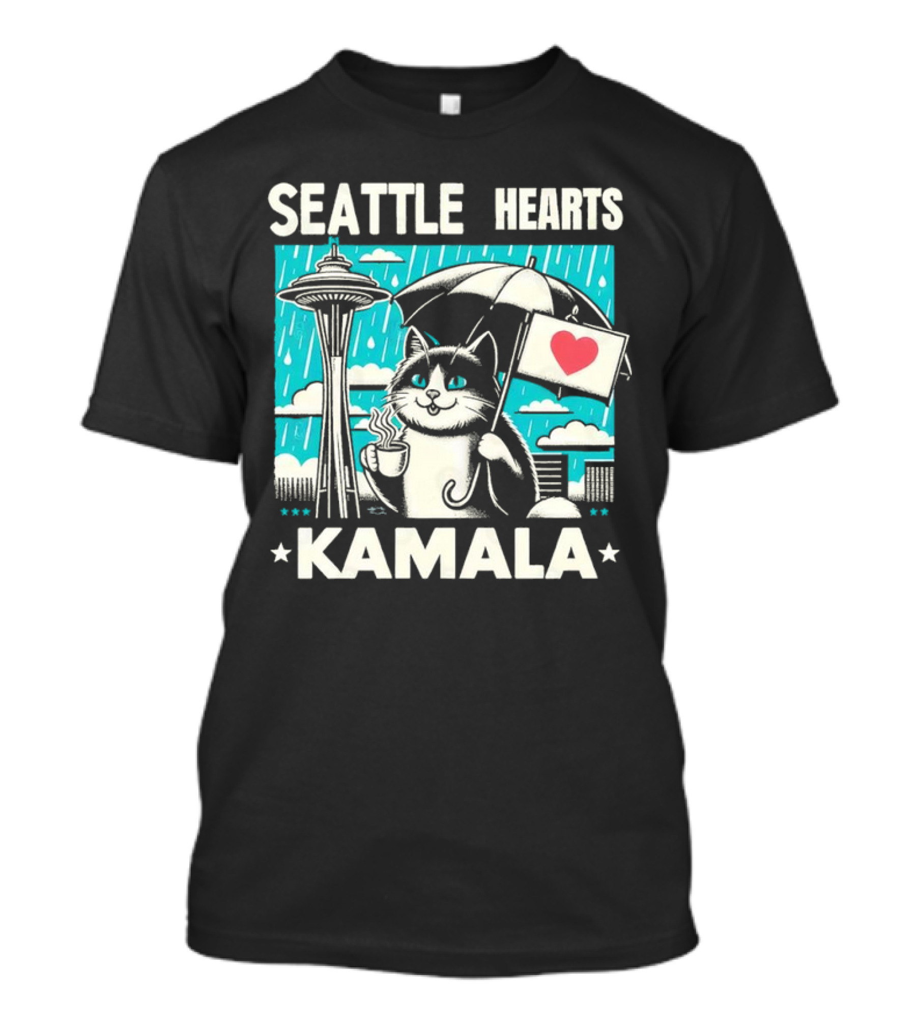 SEATTLE HEARTS KAMALA CAT WITH COFFEE AND UMBRELLA IN RAIN T-Shirt