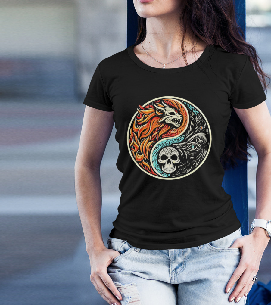 Wolf Warrior Yin Yang Skull Flame Elements T-Shirt