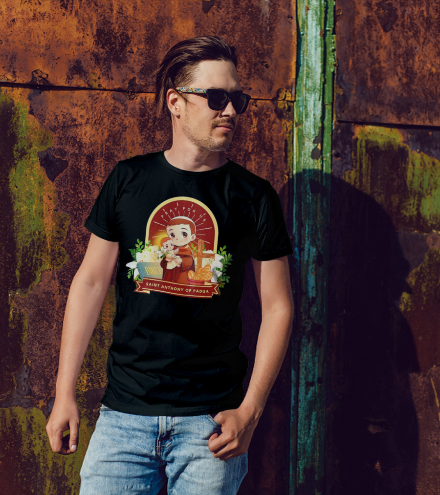 Saint Anthony Of Padua Pray For Us Cartoon With Bible And Bread T-Shirt