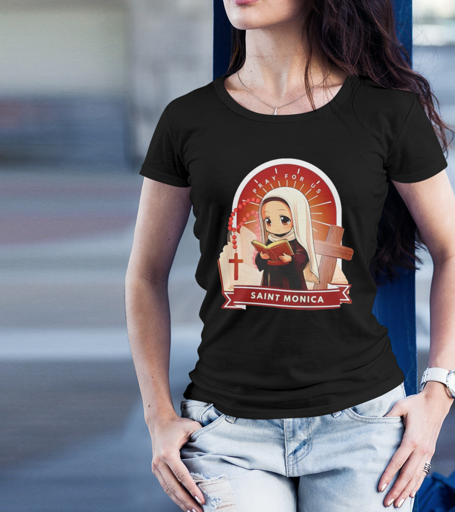 Saint Monica Pray For Us Cartoon Hippo Theme With Book And Cross T-Shirt