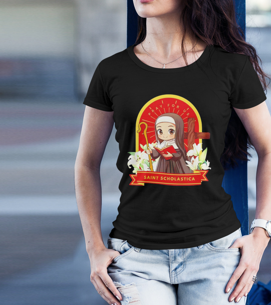 Saint Scholastica Pray For Us Cartoon Cute Nun Illustration With Cross And Flowers T-Shirt