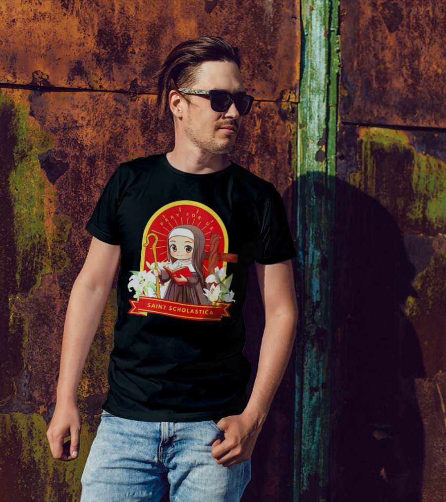 Saint Scholastica Pray For Us Cartoon Cute Nun Illustration With Cross And Flowers T-Shirt