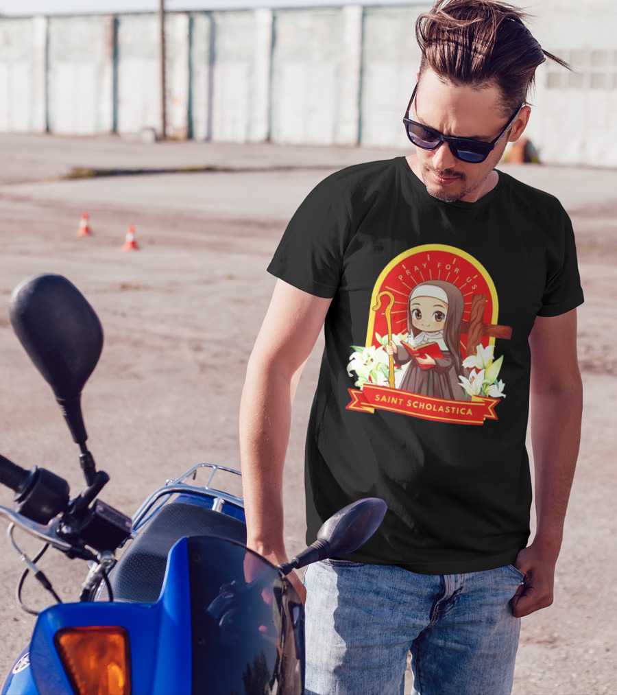Saint Scholastica Pray For Us Cartoon Cute Nun Illustration With Cross And Flowers T-Shirt