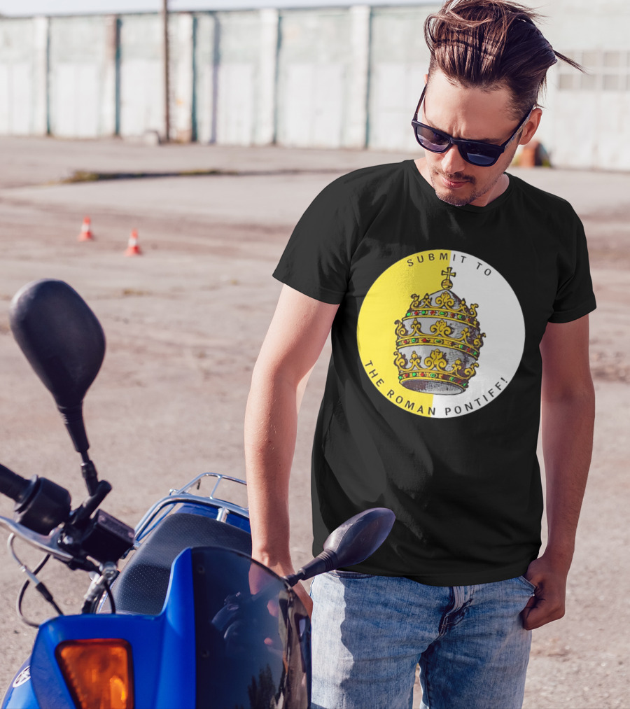 Submit To The Roman Pontiff Triple Tiara Circular Emblem T-Shirt