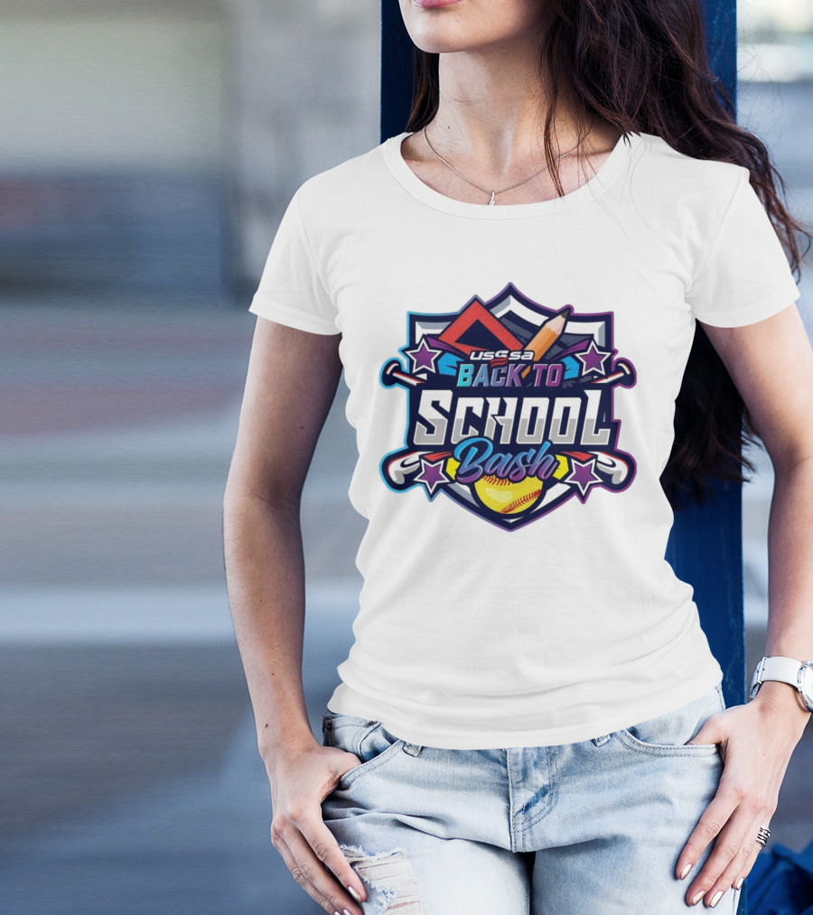 USSSA Oklahoma Fast Pitch Back To School Bash 2024 Shield With Softball And School Icons T-Shirt