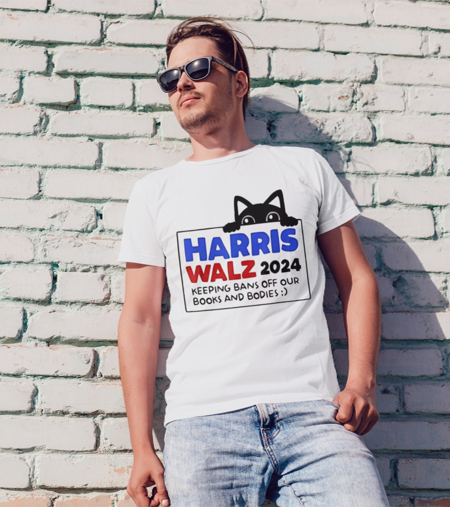 Black Cat Harris Walz 2024 Keeping Bans Off Our Books And Bodies T-Shirt