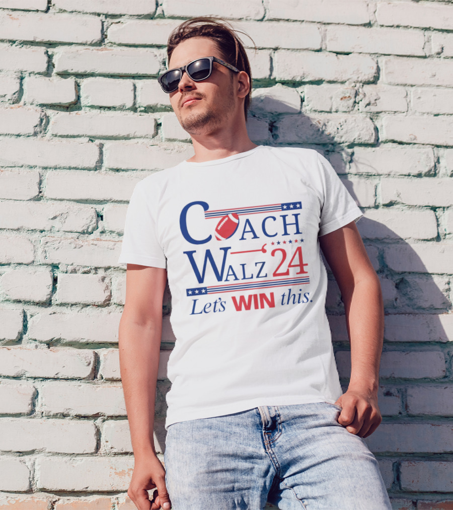 Coach Walz 2024 Let's Win This Football Election Style Red Blue Stars T-Shirt