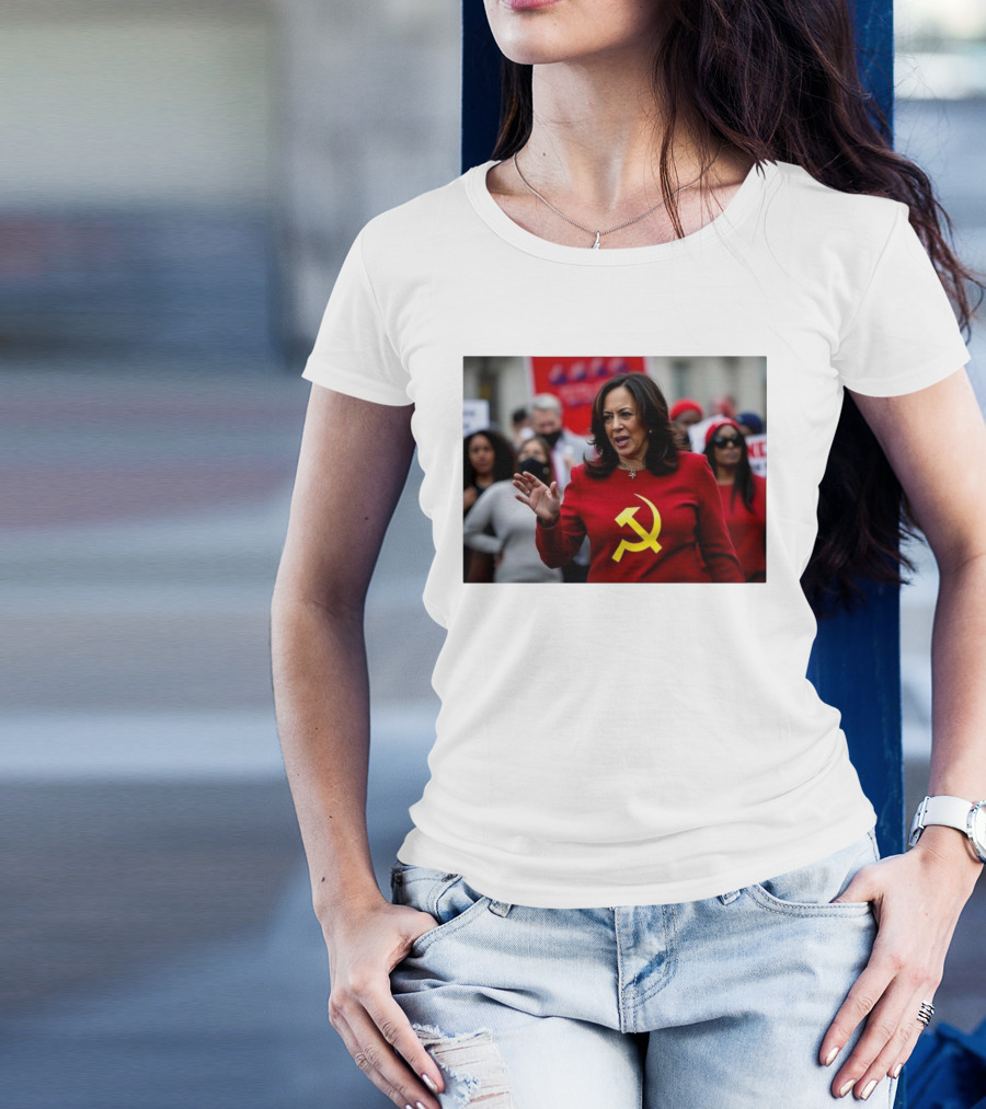 Kamala Harris Wearing Red Outfit With Yellow Hammer And Sickle T-Shirt