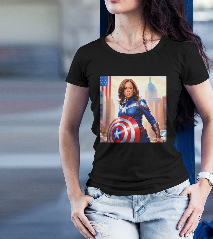 Captain America Kamala Harris Superhero Shield And Flag Background T-Shirt