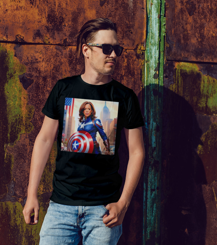Captain America Kamala Harris Superhero Shield And Flag Background T-Shirt
