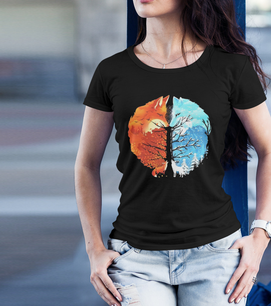 Fire And Ice Fox Dual Seasons Tree T-Shirt