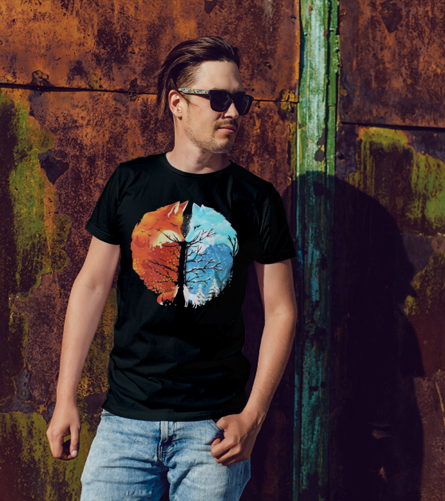 Fire And Ice Fox Dual Seasons Tree T-Shirt