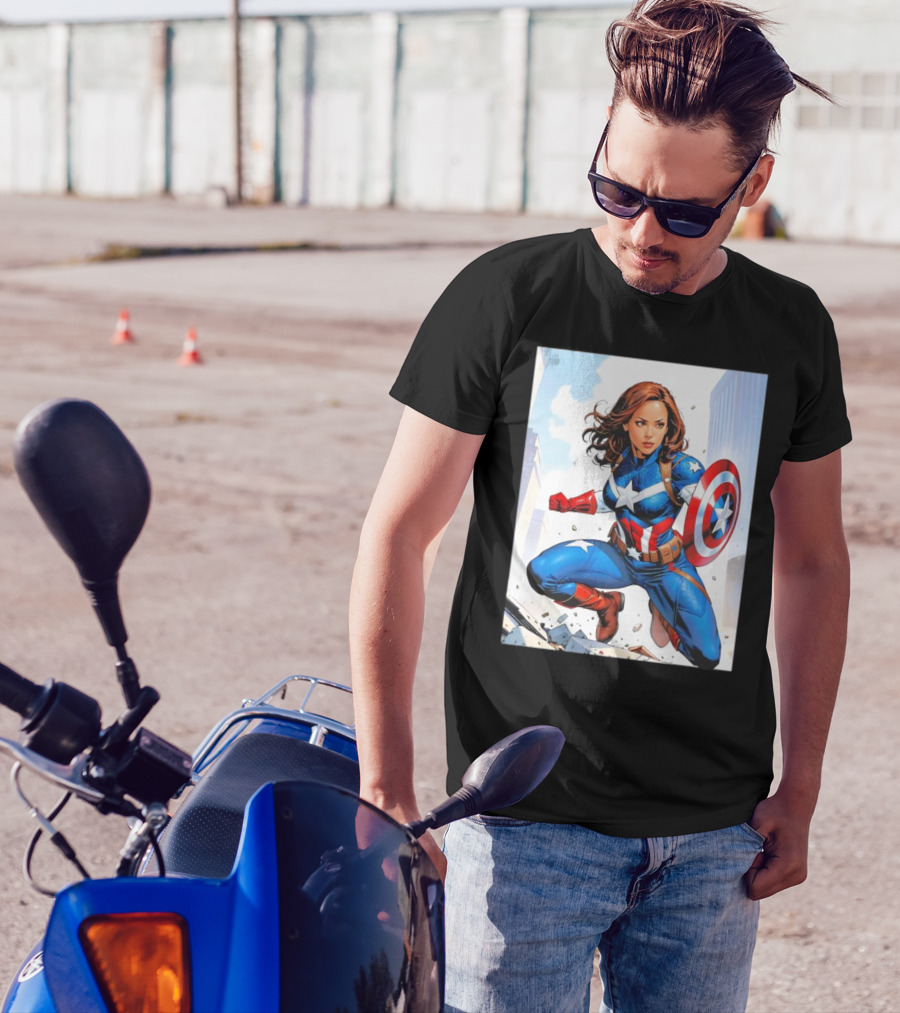 Kamala Harris Captain America Suit Action Pose Superhero Comic T-Shirt