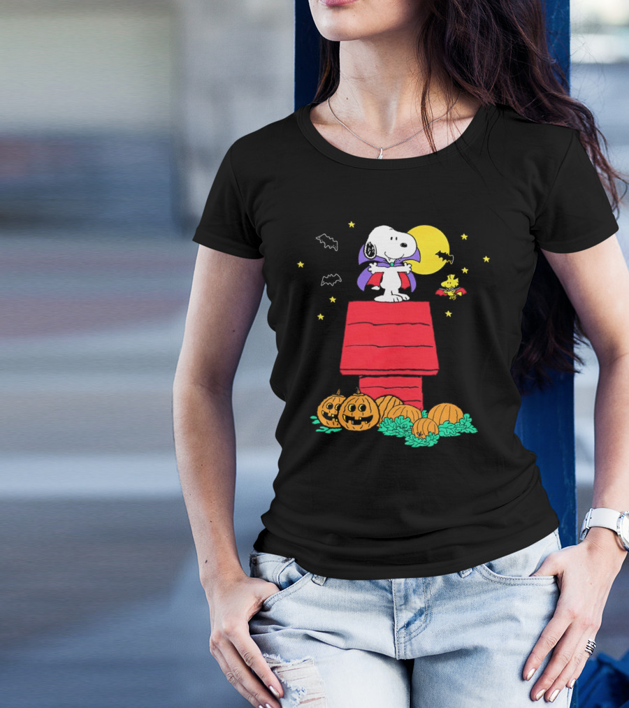 Snoopy And Woodstock As Vampires With Pumpkins Under Moonlit Halloween Sky T-Shirt