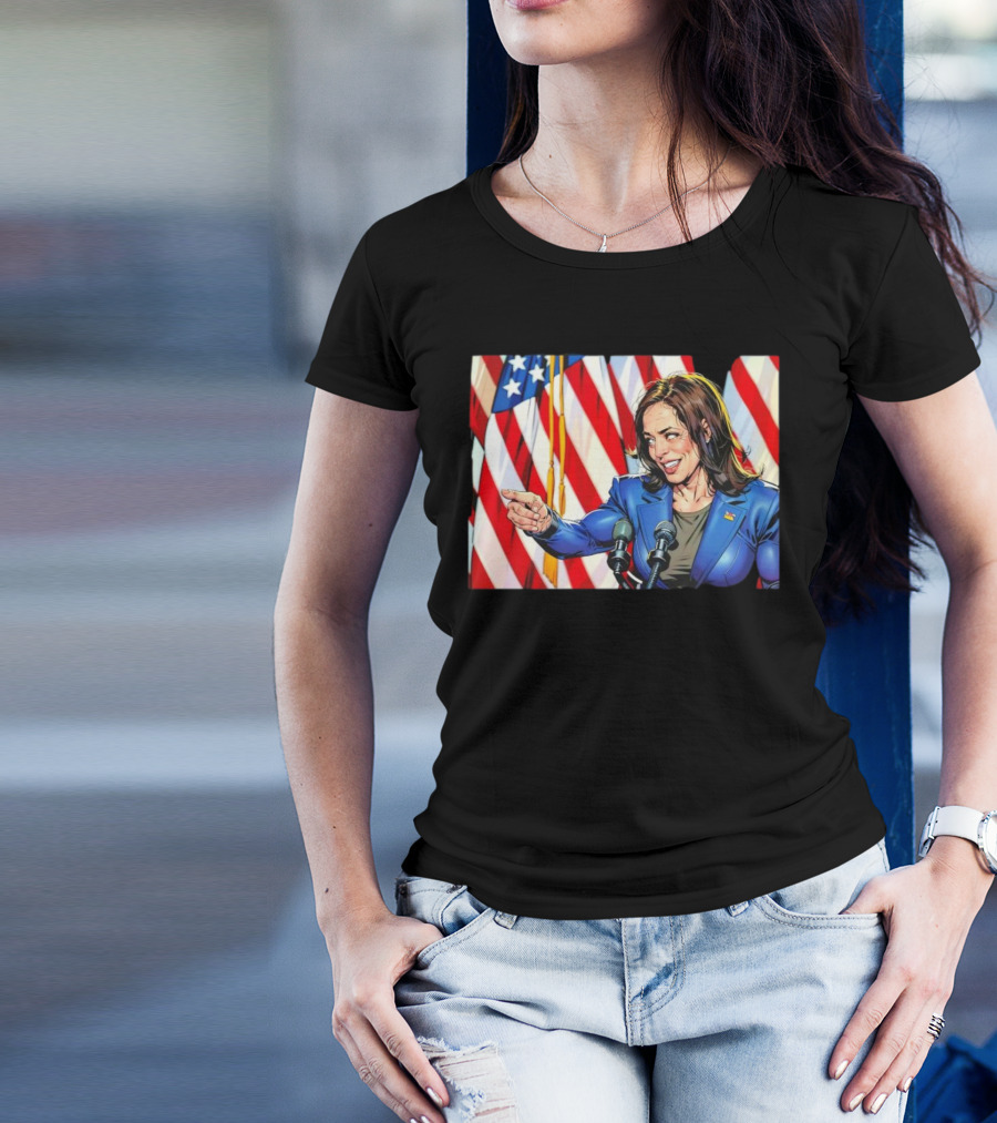 Kamala Harris Cartoon Illustration With Muscles And American Flags T-Shirt
