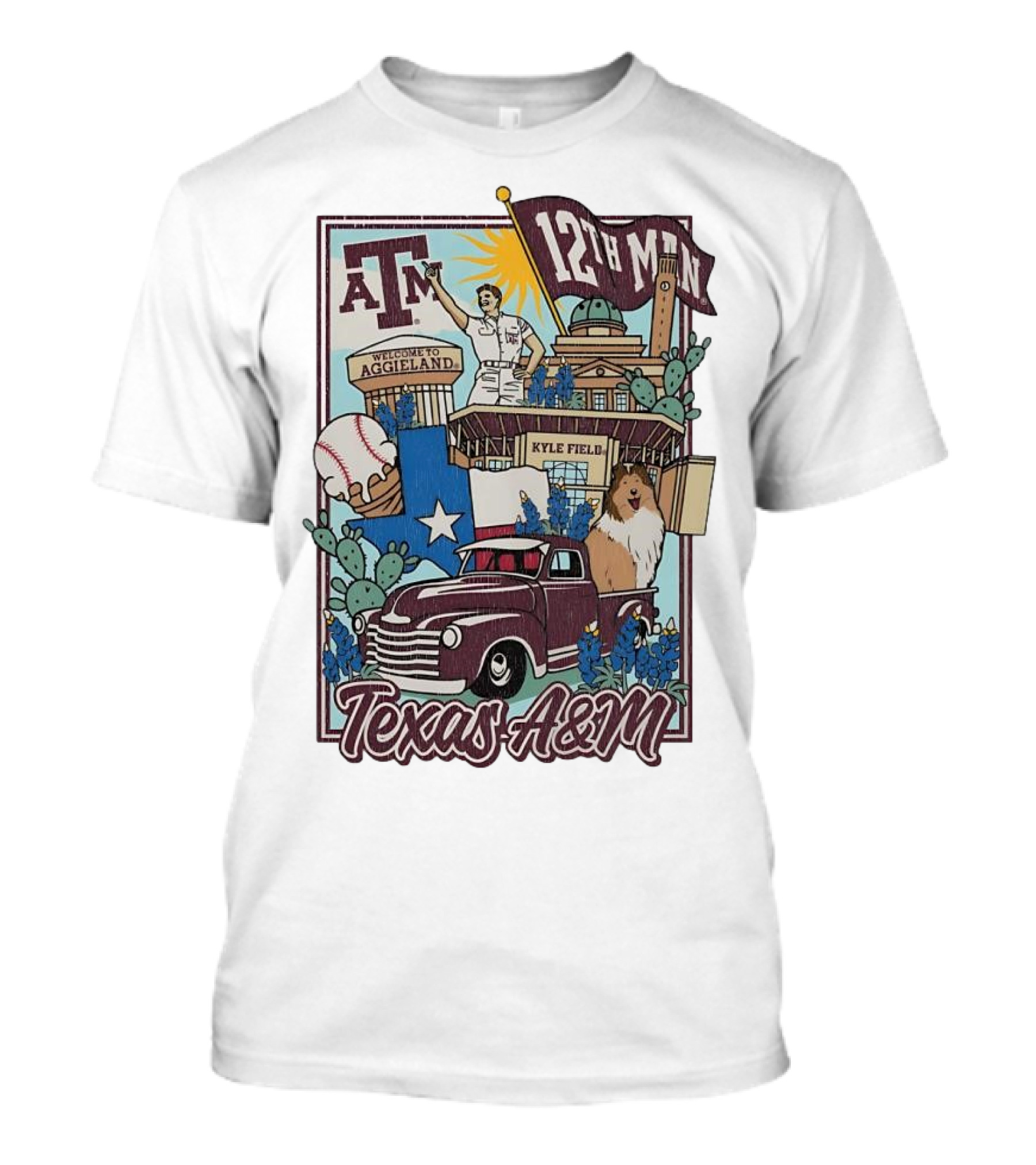 Texas A&M Aggies 12th Man Welcome To Aggieland Kyle Field Collage With Dog, Truck, And Baseball T-Shirt