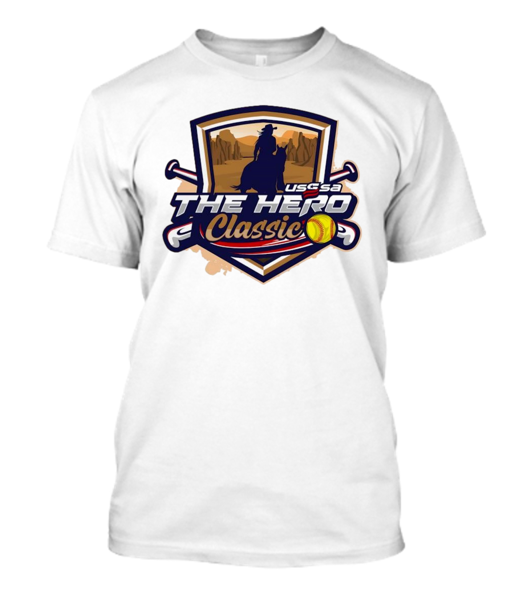 USSSA Texas Fast Pitch The Hero Classic 2024 Western Landscape Silhouette With Softball And Bats T-Shirt