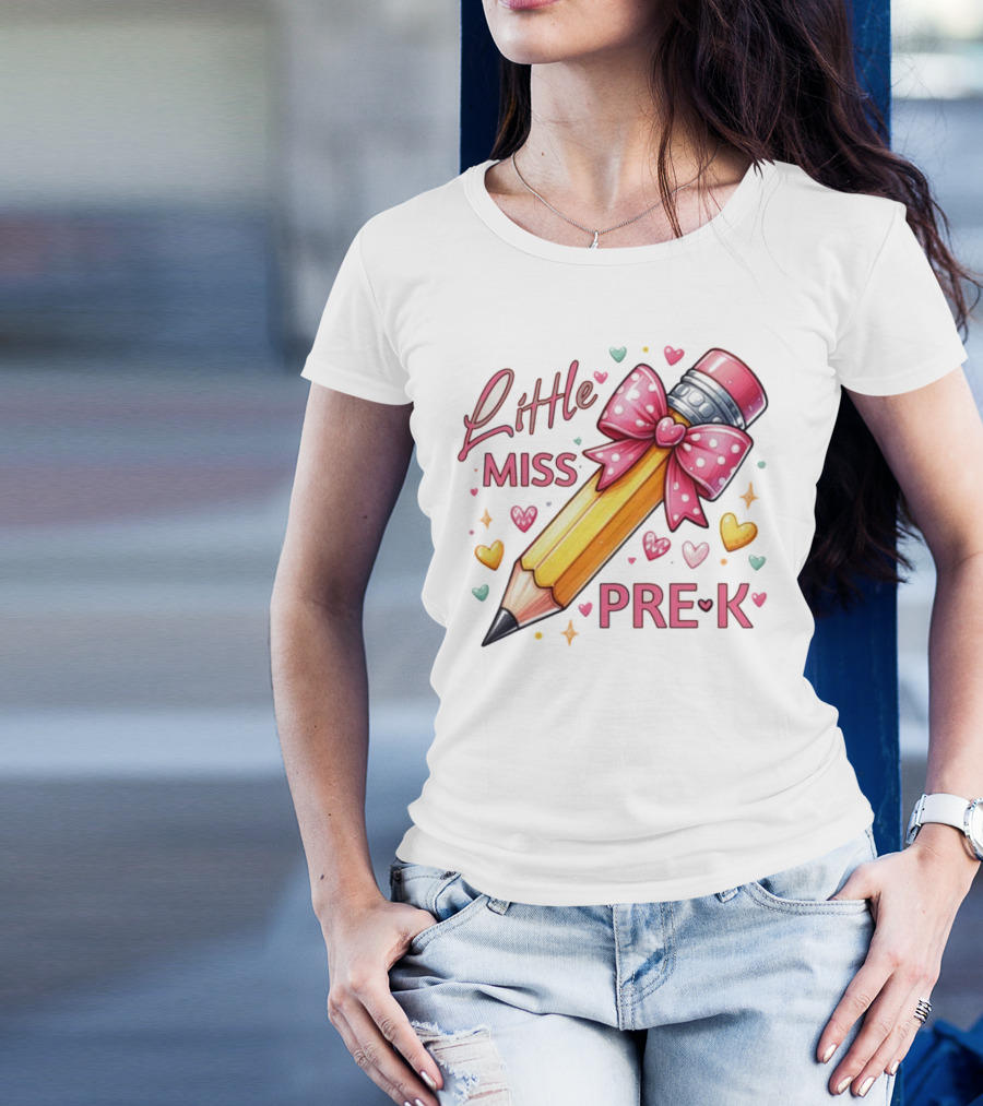 Little Miss Pre-K Pencil With Pink Bow And Hearts T-Shirt