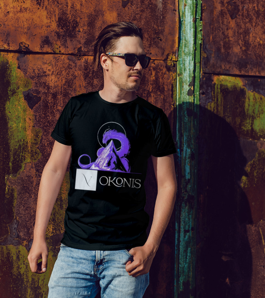 Vokonis Purple Dragon Coiled On Mountain Peak With Crescent Moon T-Shirt