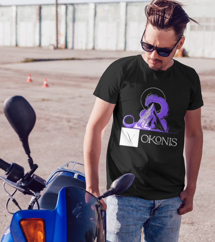 Vokonis Purple Dragon Coiled On Mountain Peak With Crescent Moon T-Shirt