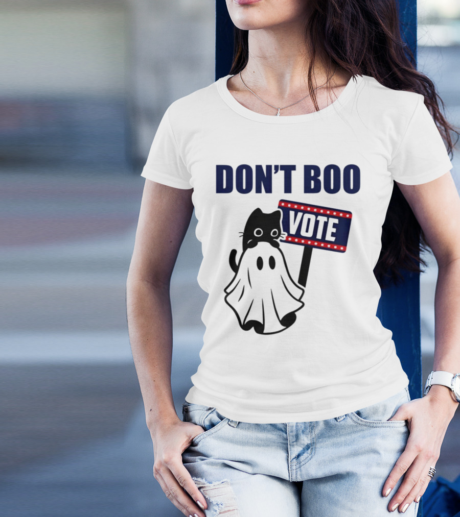 DON’T BOO VOTE 2024 Black Cat Ghost Holding Red White Blue Sign T-Shirt