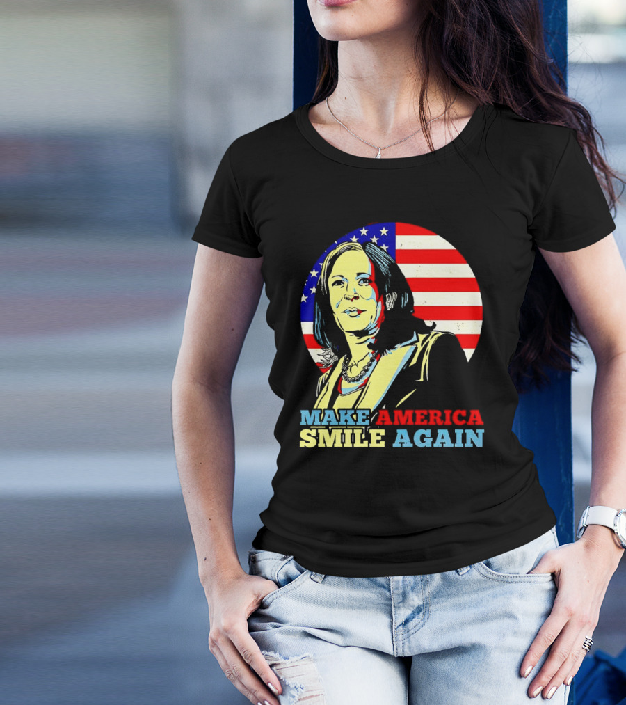 Kamala Harris Make America Smile Again Poster With American Flag Background T-Shirt